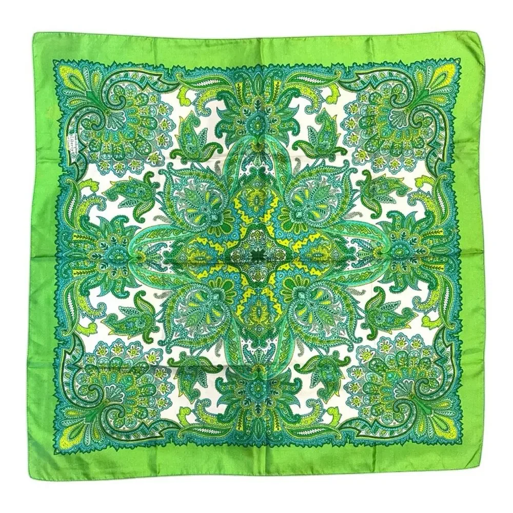 Vintage Green Paisley Square Scarf Boho Floral Hair Neck Head Wrap